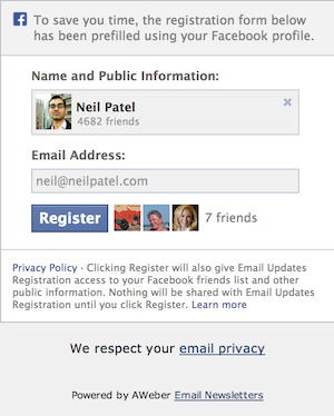 Facebook prefilled registration form.