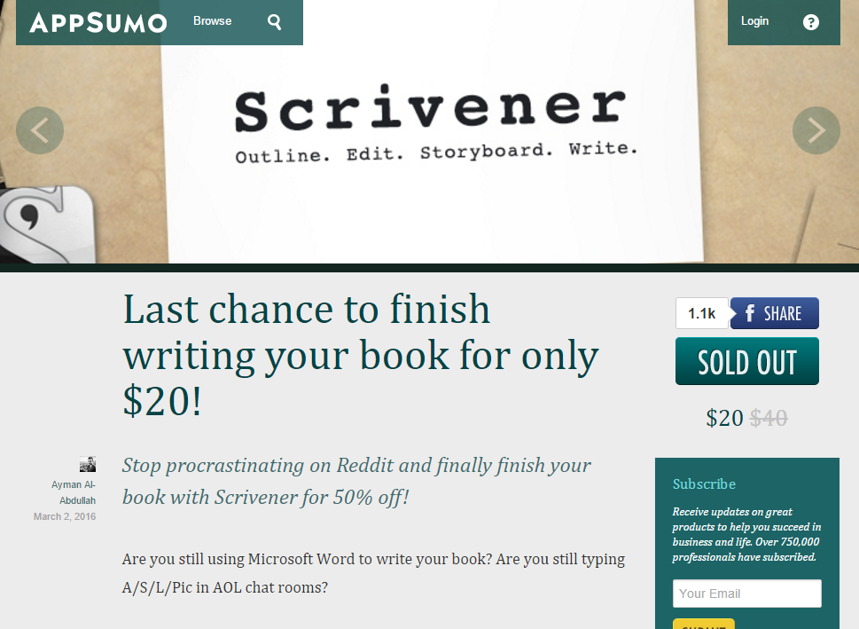 Scrivener software, book writing, $20 deal.