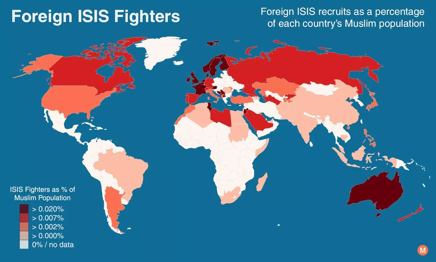 World map showing ISIS foreign fighters.