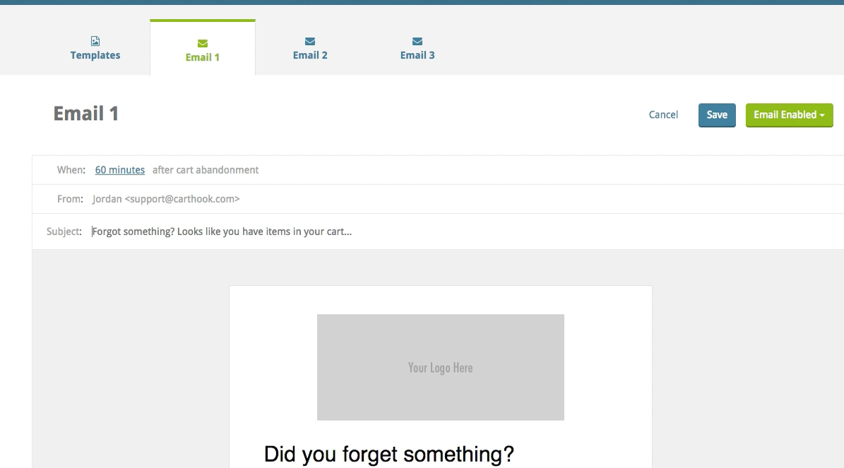 Email template for cart abandonment.