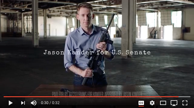 Man holds rifle, emotional ad.