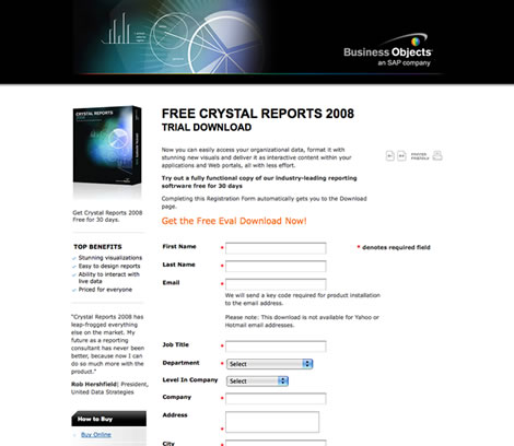 Free Crystal Reports 2008 trial download.