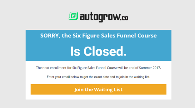 Closed sales funnel course, join waiting list.