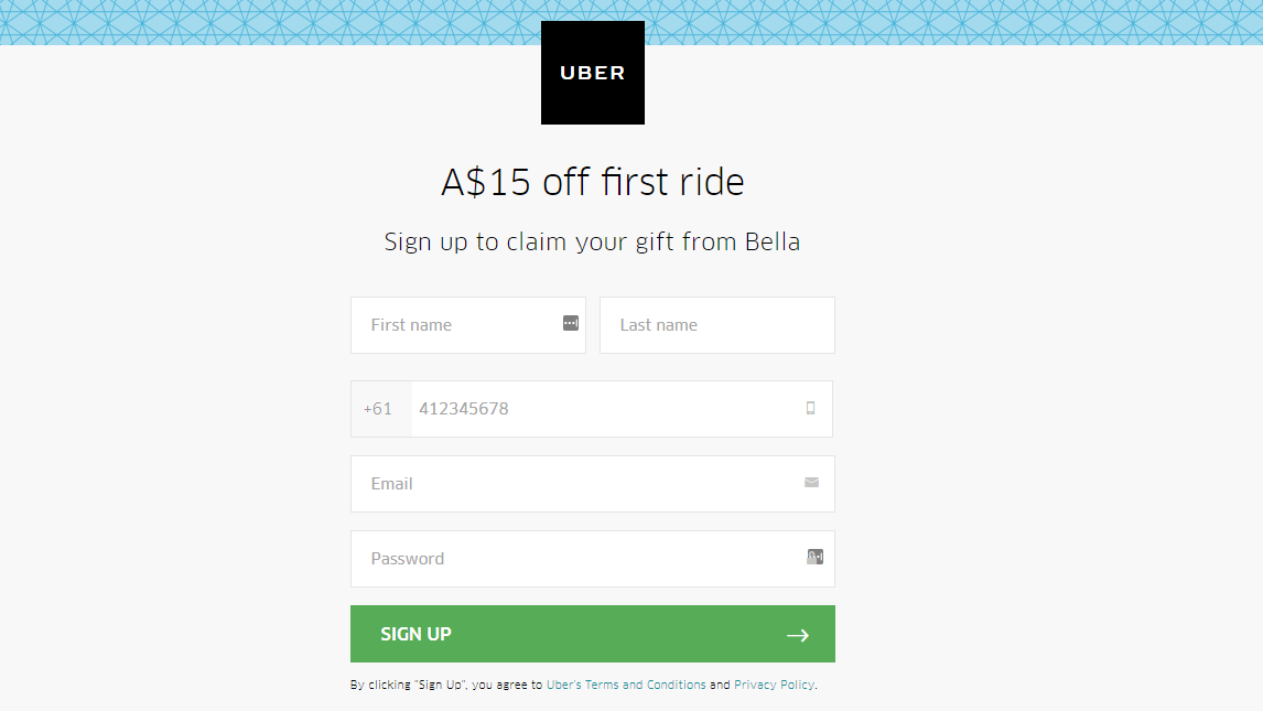 Uber signup form for discount.