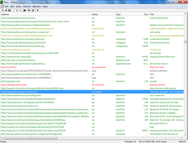 Website link checker output.
