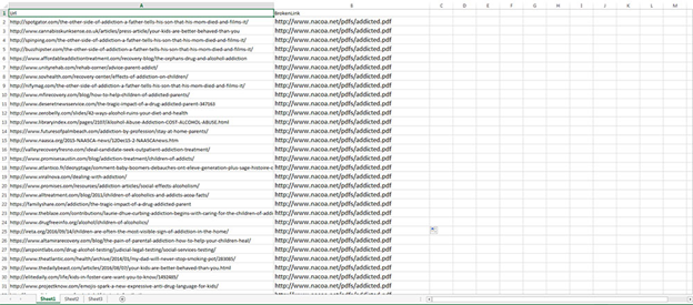Spreadsheet of broken backlinks for outreach.