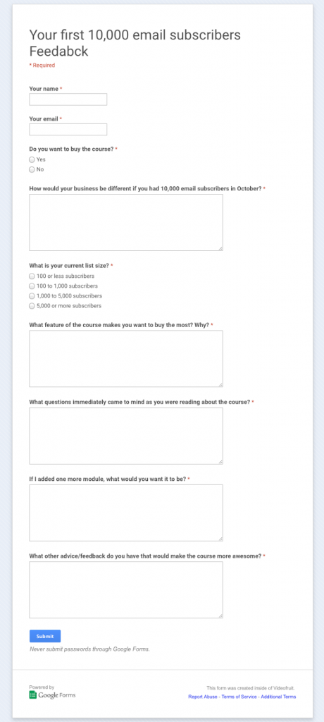 Email subscriber feedback form.