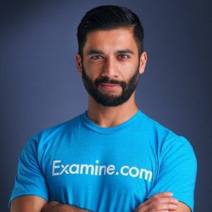 Man in blue shirt, Examine.com logo.