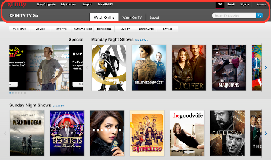 Xfinity TV Go homepage.