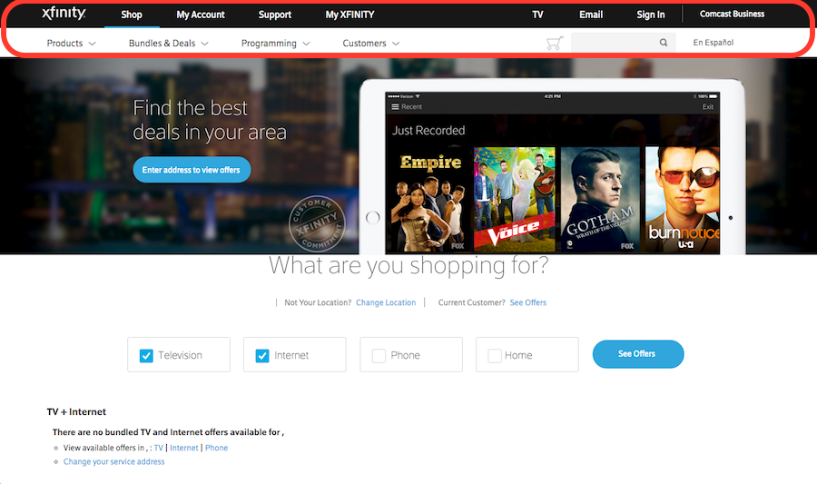 Xfinity homepage, TV deals, and options.