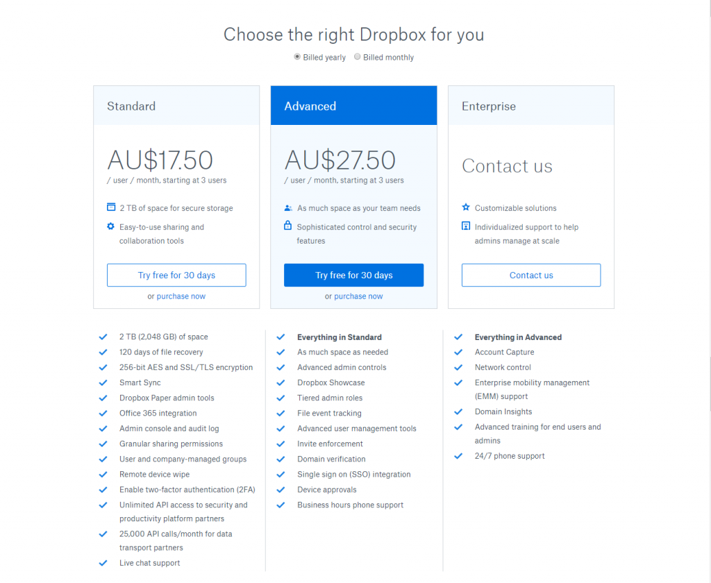 Dropbox pricing tiers,  standard, advanced, enterprise.