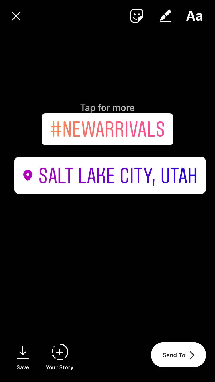 Instagram Story with hashtags and location.