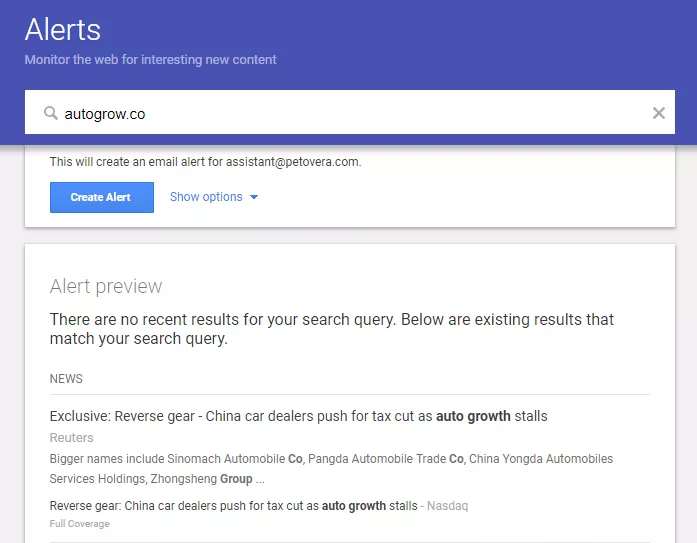 Google Alerts search results.