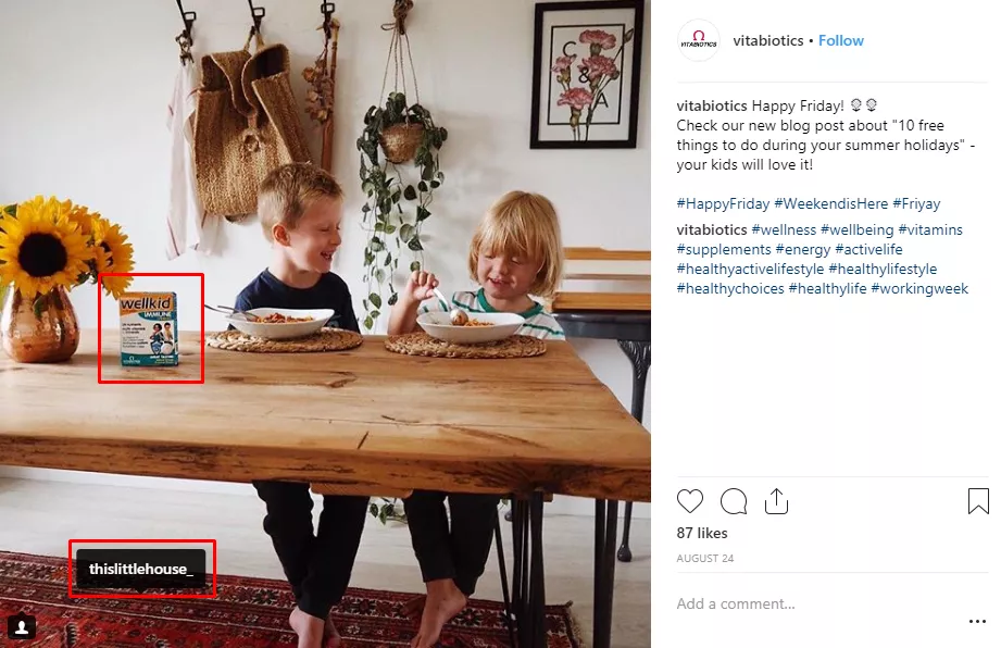 Children eating, vitamins box.