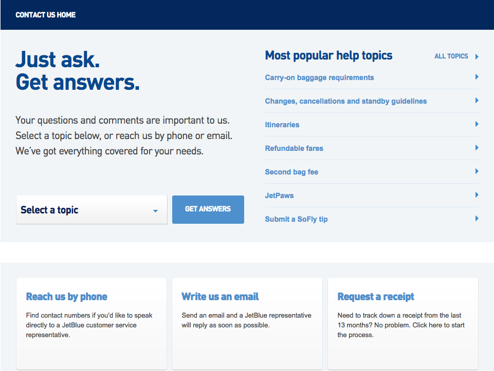 JetBlue contact options: phone, email, chat.