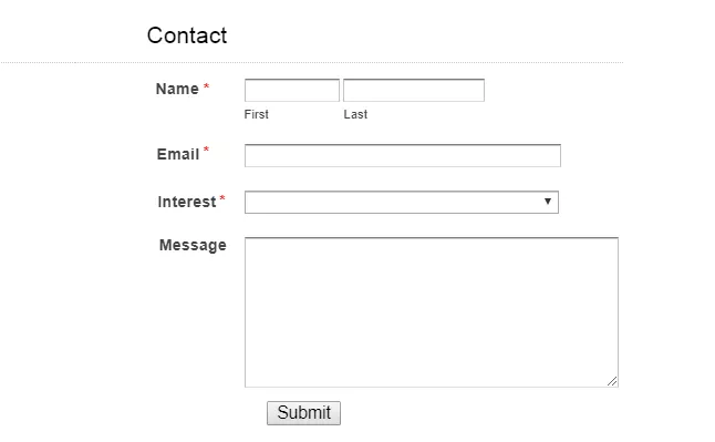 Contact form,  fields for name, email, interest.