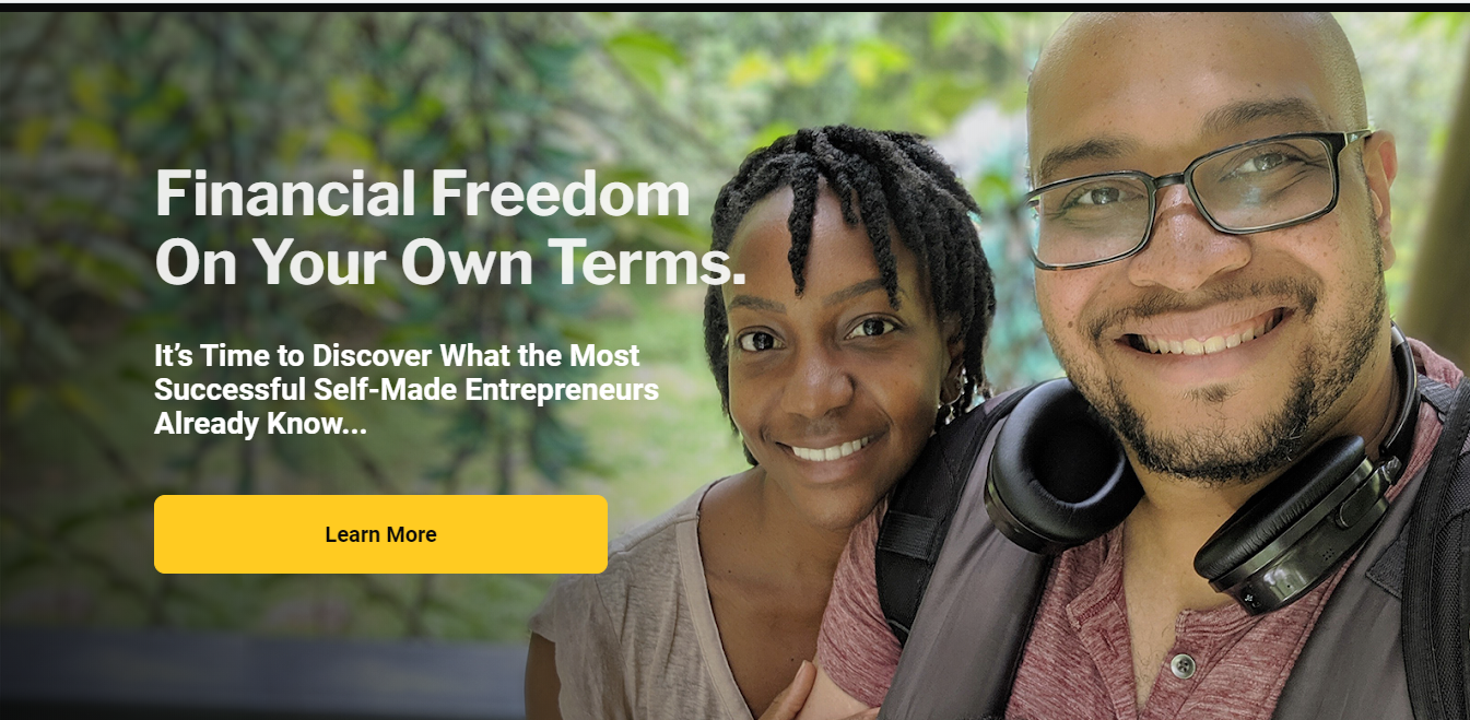 Couple smiles, financial freedom.