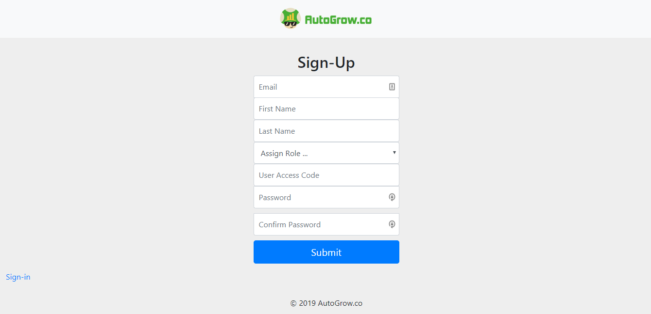 Sign-up form for AutoGrow.co.