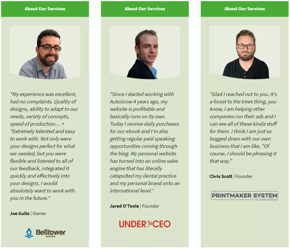 Three satisfied clients testimonials.