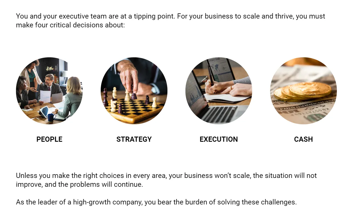 Business success: people, strategy, execution, cash.