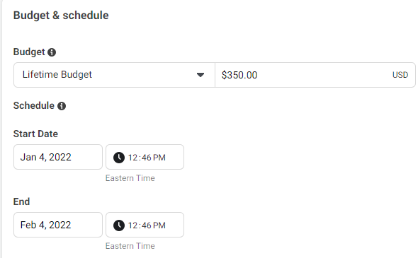 Instagram ad budget and schedule.