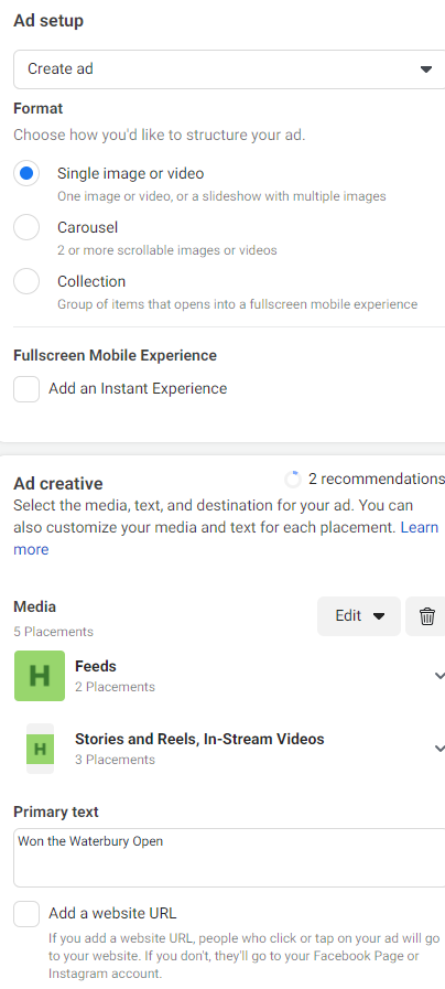Instagram ad setup options.