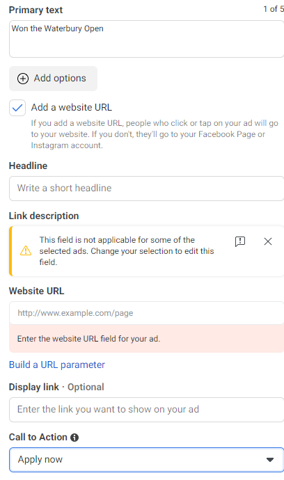 Facebook ad settings form.