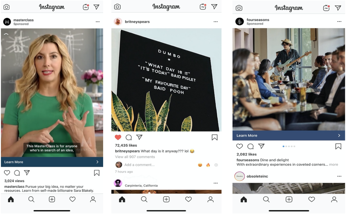 Instagram posts, paid and organic.