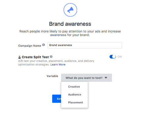 Facebook ad split test options.