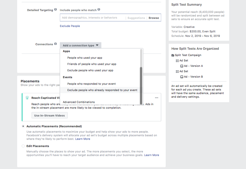 Facebook ad targeting settings.