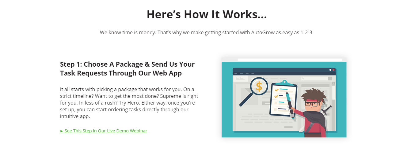 Service steps: choose package, send tasks.