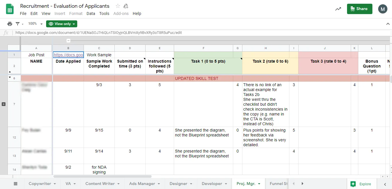 Spreadsheet for applicant skills assessment.