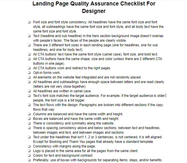 Landing page design checklist, consistency guidelines.