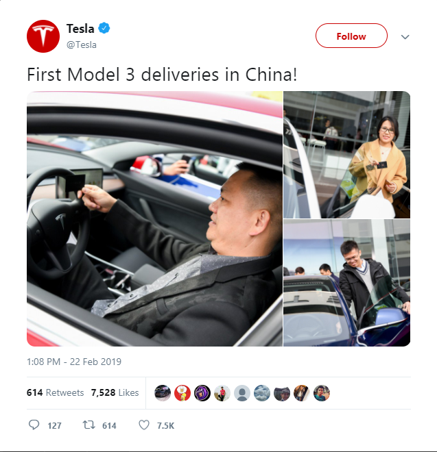 Tesla Model 3 deliveries in China.