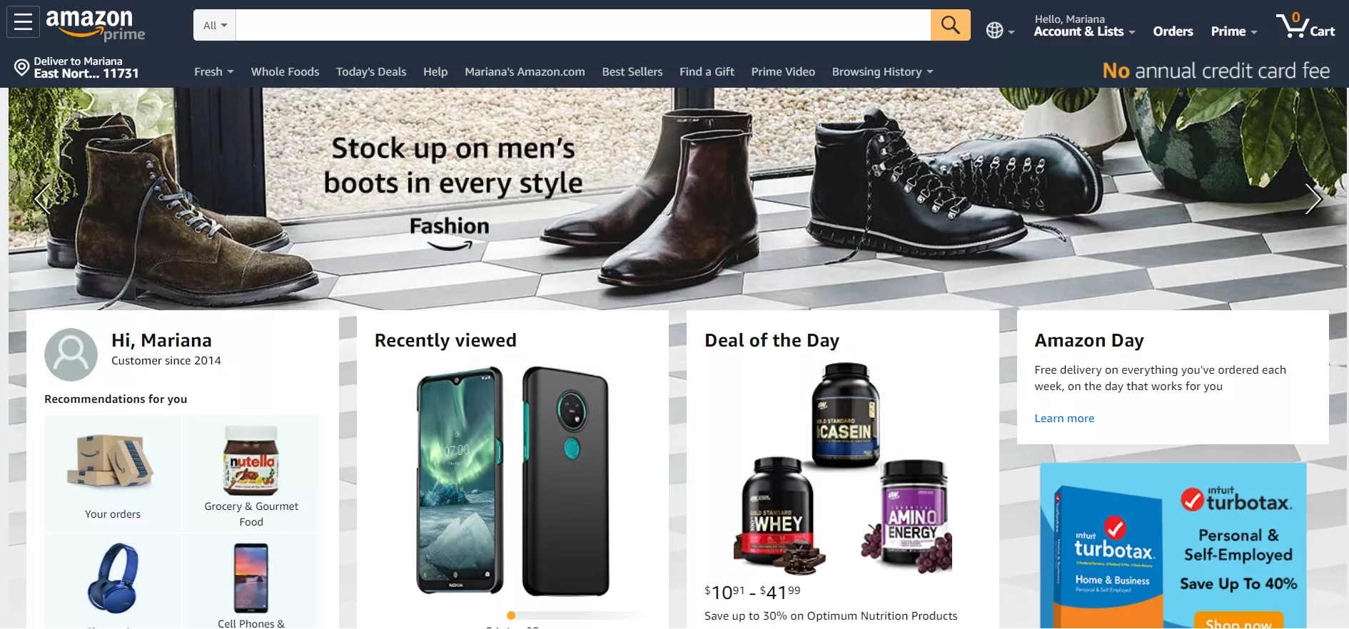 Amazon homepage, personalized recommendations.
