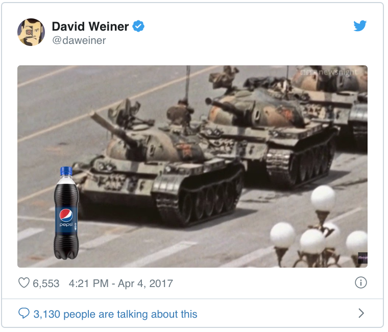 Pepsi ad, insensitive, tanks, Tiananmen.