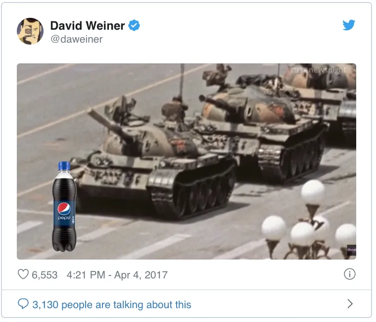 Pepsi ad, insensitive, tanks, Tiananmen.