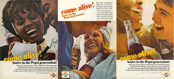 1970s Pepsi ads, diverse people.