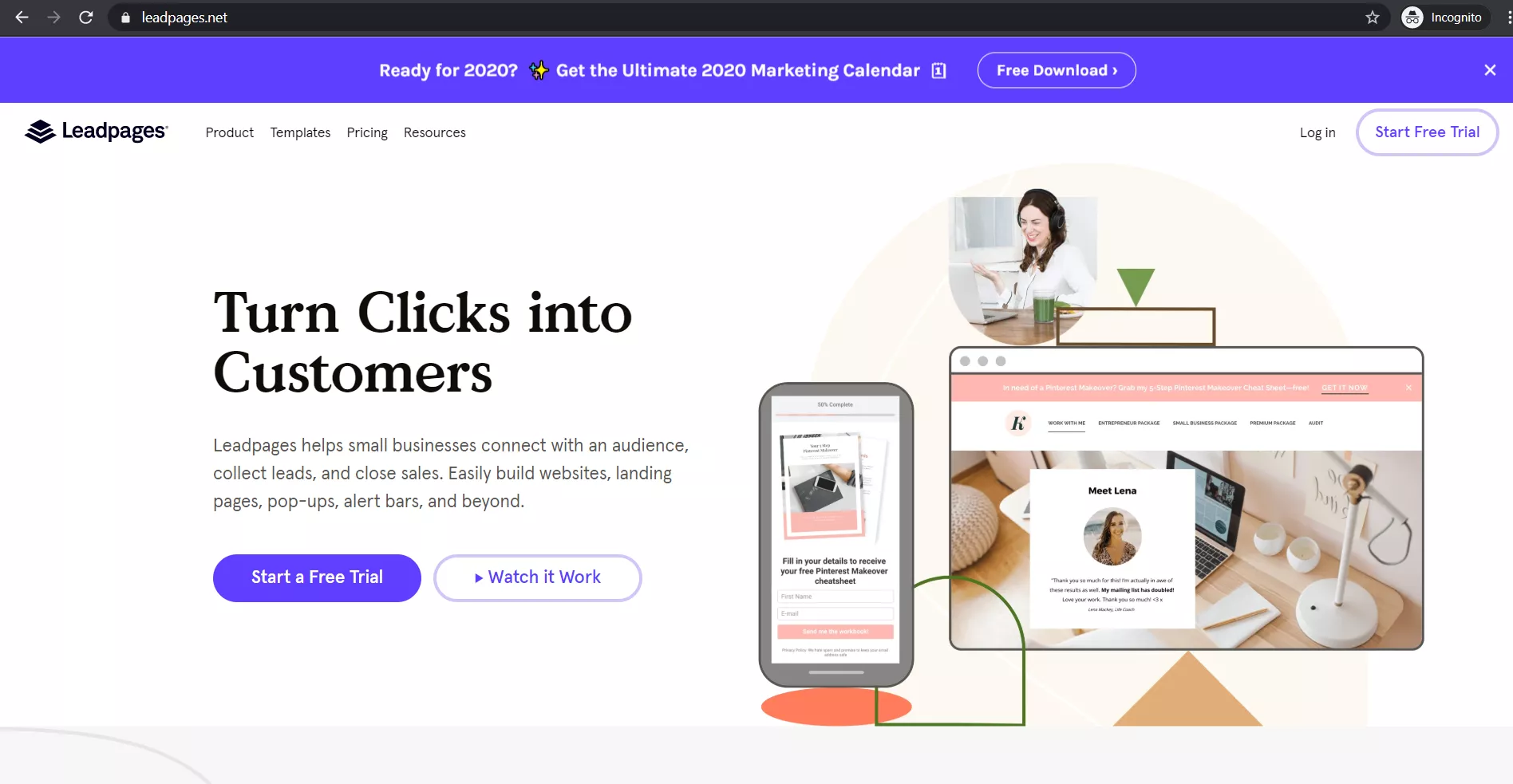 Leadpages homepage, free trial offer.