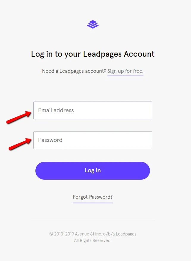 Login form with email and password fields.