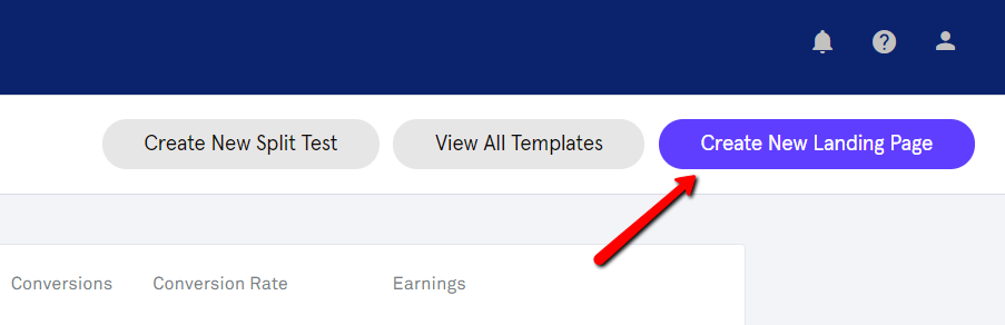 Create new landing page button.