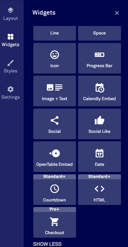 Page customization options.