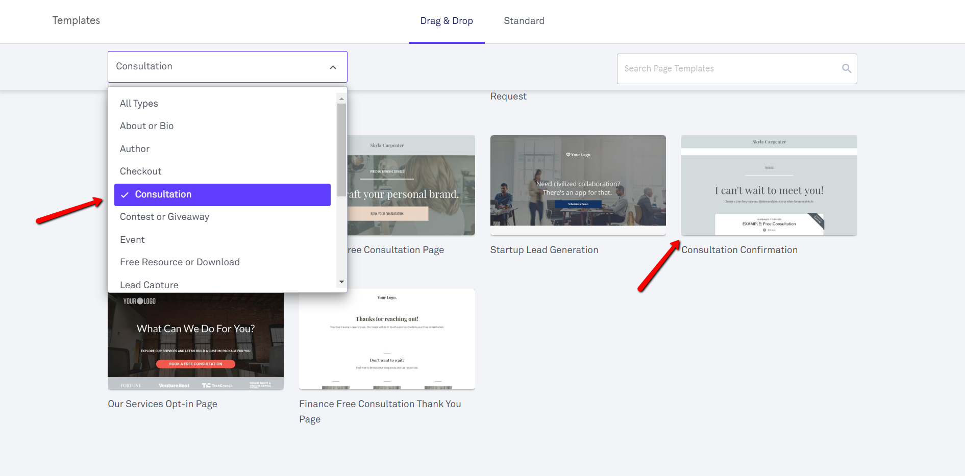 Webpage showing consultation templates.