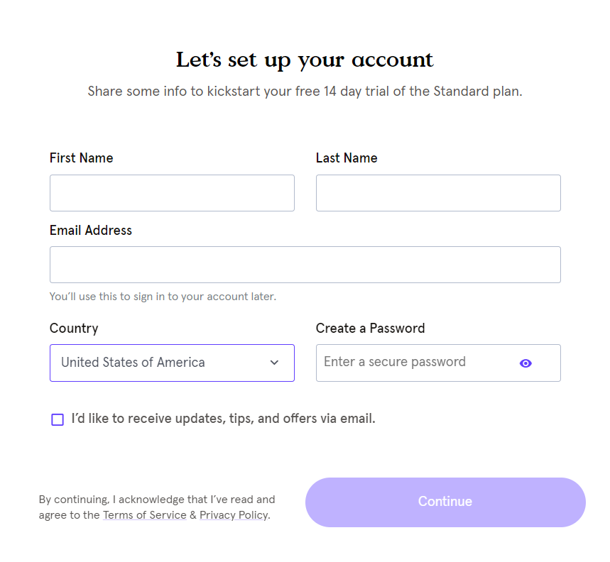 Account setup form for free trial.