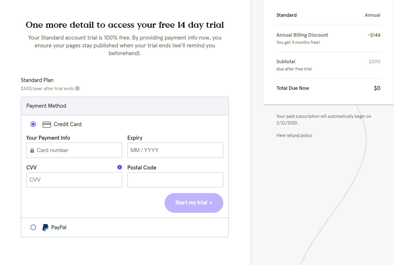 Free trial payment form.