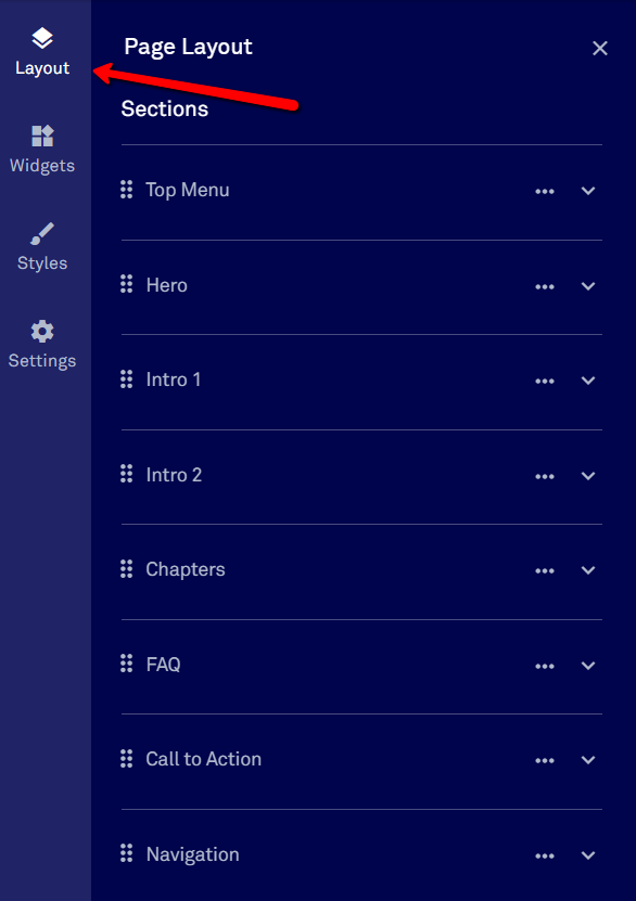 Page layout sections list.