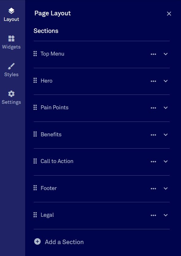 Page layout sections list.
