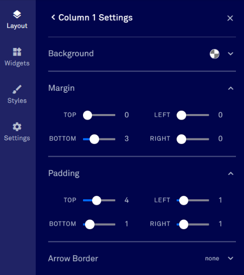 Column settings for margins and padding.
