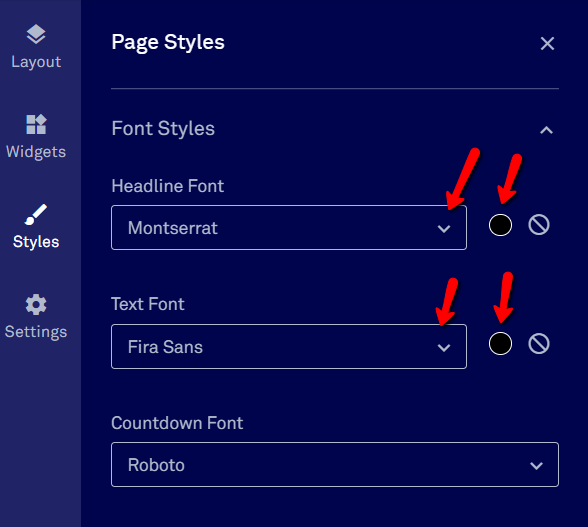 Font selection settings.