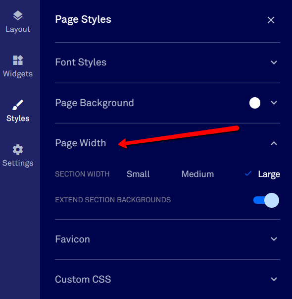 Page styles settings, page width.